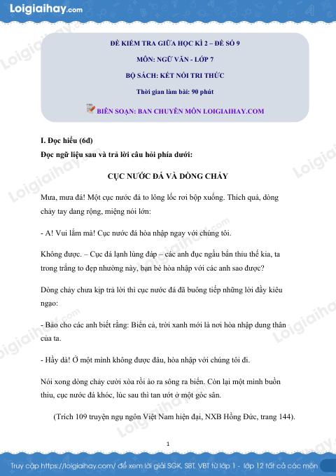 Đề thi giữa kì 2 Văn 7 Cánh diều - Đề số 9